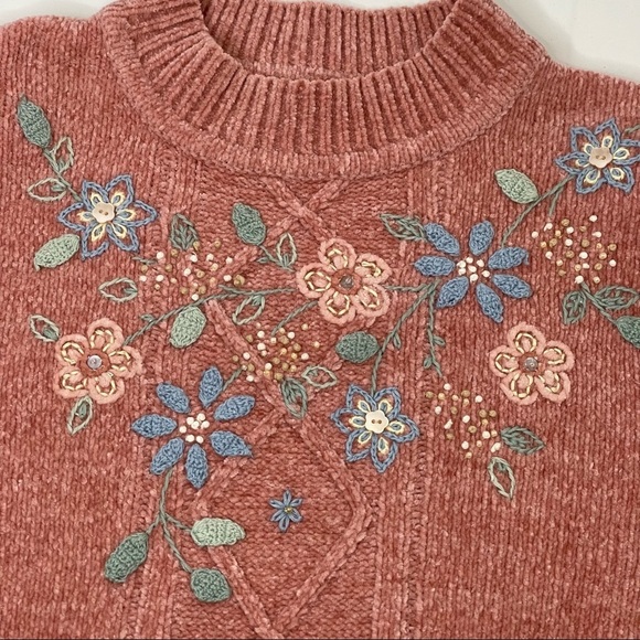 Vtg 90s Womens Chenille Sweater Size L Floral Embroidered Mock Neck GrannyCore - Picture 3 of 12